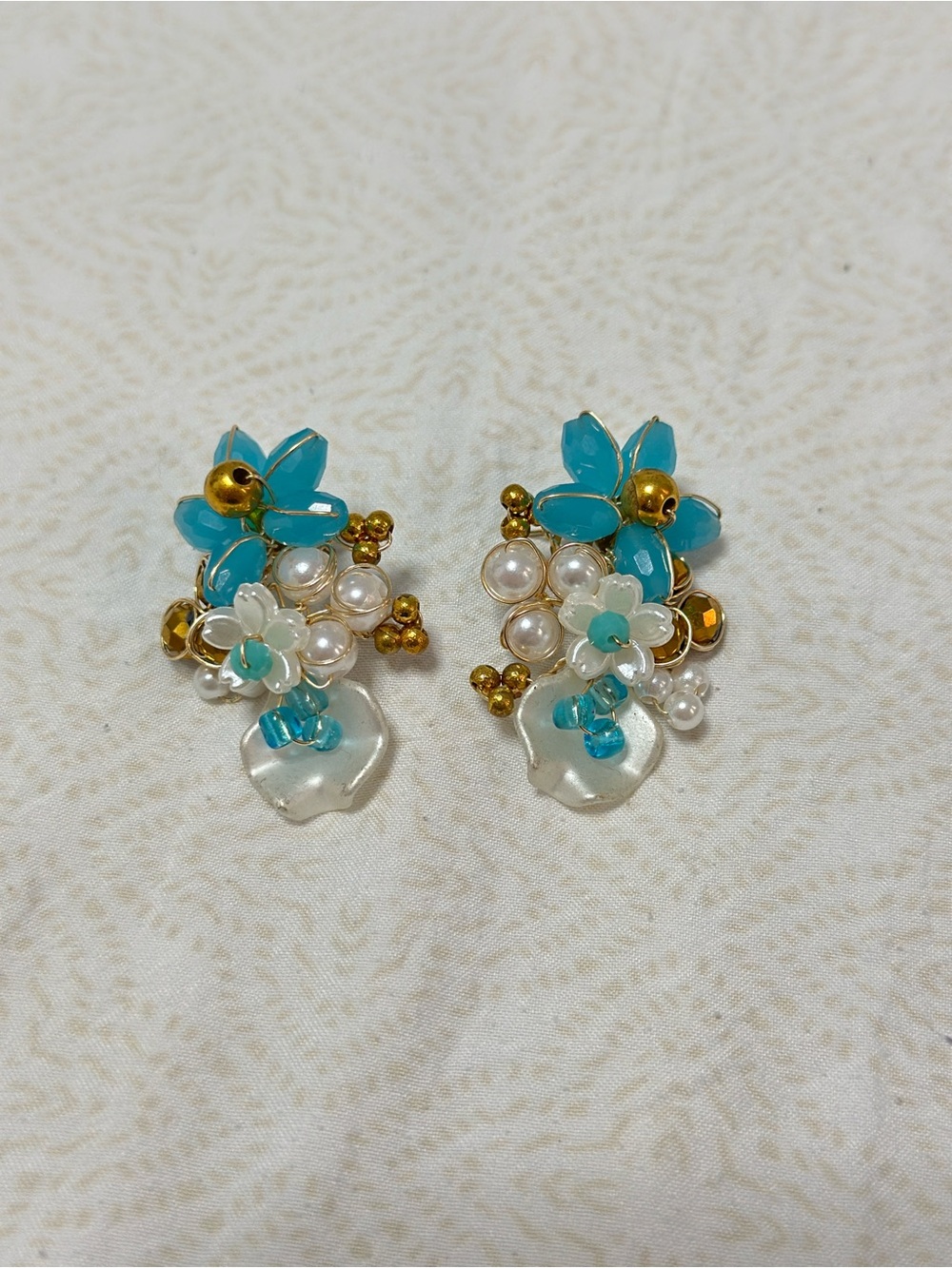 Turquoise Floral Pearl Cluster Earrings